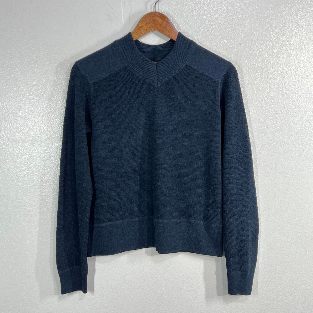 prAna Milani V-Neck Sweater Womens Medium Slate Grey-Blue Waffle Knit Wool Blend